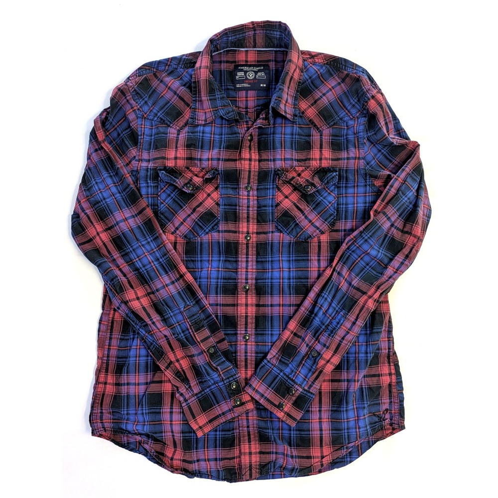 American Eagle Mens Plaid Western Pearl Snap Shirt Blue Red Vintage Fit Medium